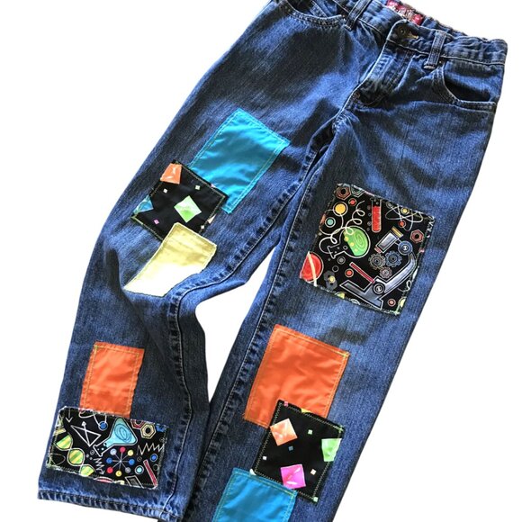 Boy’s Upcycled Patch Jeans, Size 10: Handmade Colorful Science Theme Patchwork - Picture 11 of 11